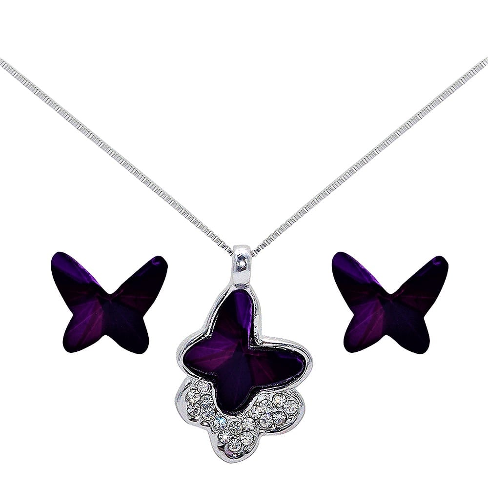 Set ADELSTEN con Cadena, Dije y Aretes Mariposa Morada en Chapa de Rodio y SWAROVSKI ELEMENTS INCLUYE DE REGALO ARETES DIAMOND Y CAJA PARA REGALO