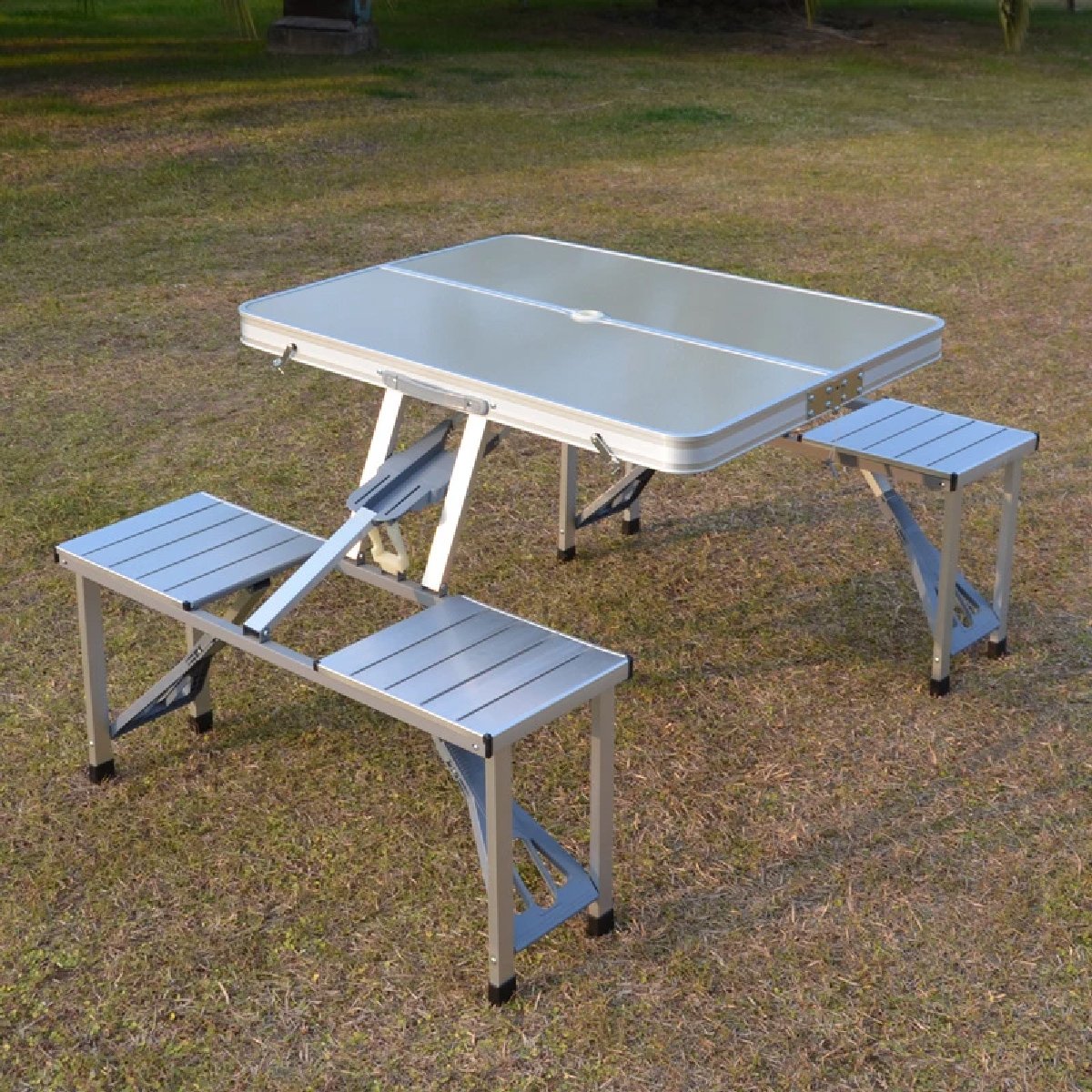  Mesa de camping al aire libre con 4 sillas plegables, mesas  plegables de aluminio de panel ancho con patas telescópicas, mesa de cocina  de campamento para picnic al aire libre, playa