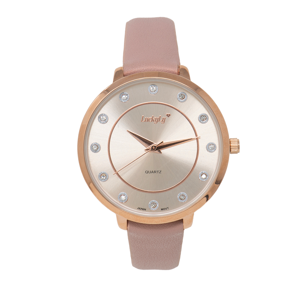 LuckyLy Reloj para Mujer Oro Rosa y Rosa con Zirconias , Movimiento Cuarzo Japonés, Carátula de Acero Inoxidable, Correa de Piel Vegana -Modelo Minka