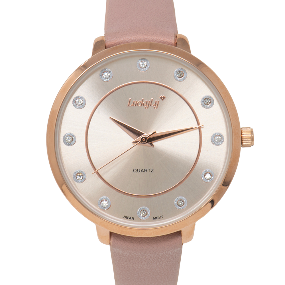 LuckyLy Reloj para Mujer Oro Rosa y Rosa con Zirconias , Movimiento Cuarzo Japonés, Carátula de Acero Inoxidable, Correa de Piel Vegana -Modelo Minka