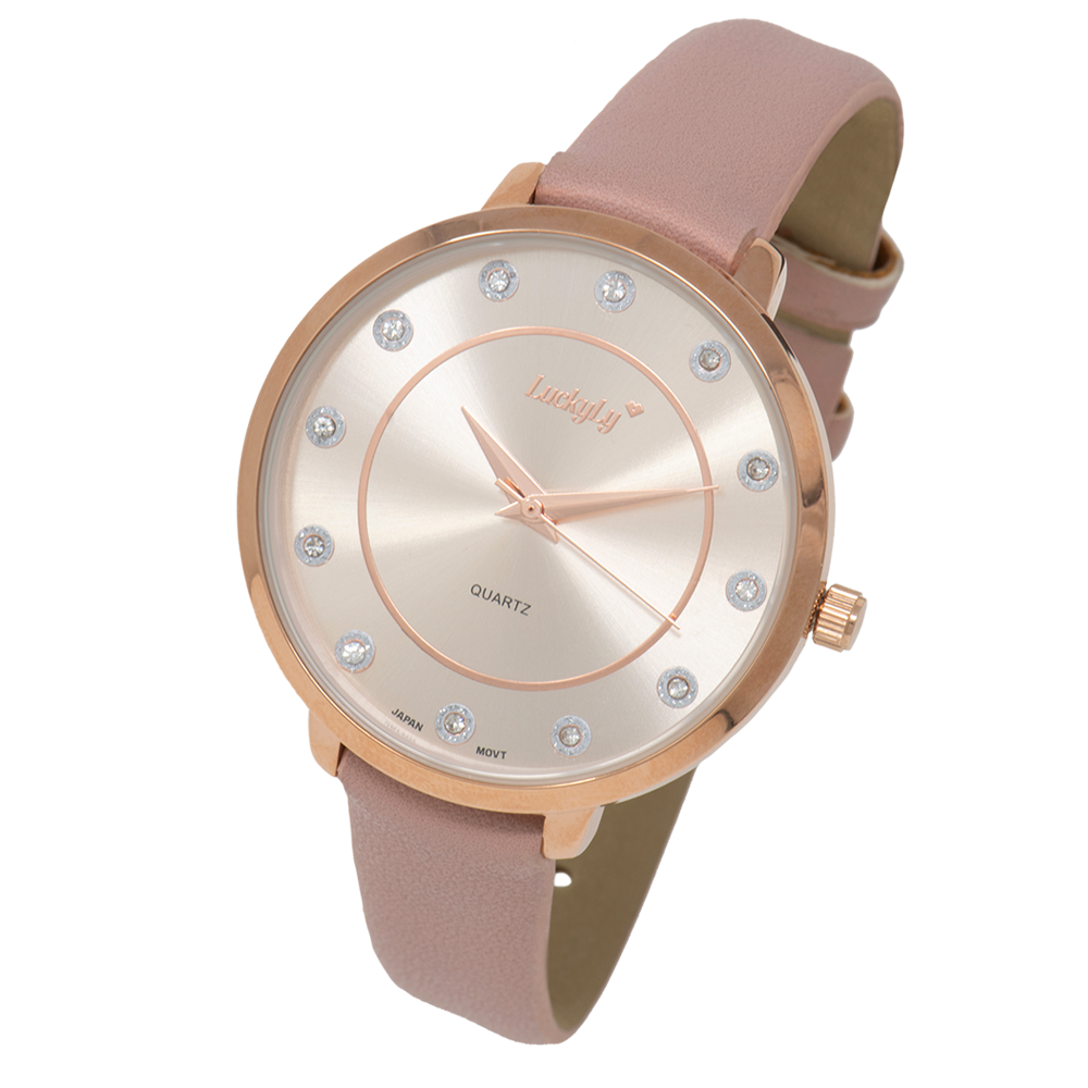 LuckyLy Reloj para Mujer Oro Rosa y Rosa con Zirconias , Movimiento Cuarzo Japonés, Carátula de Acero Inoxidable, Correa de Piel Vegana -Modelo Minka