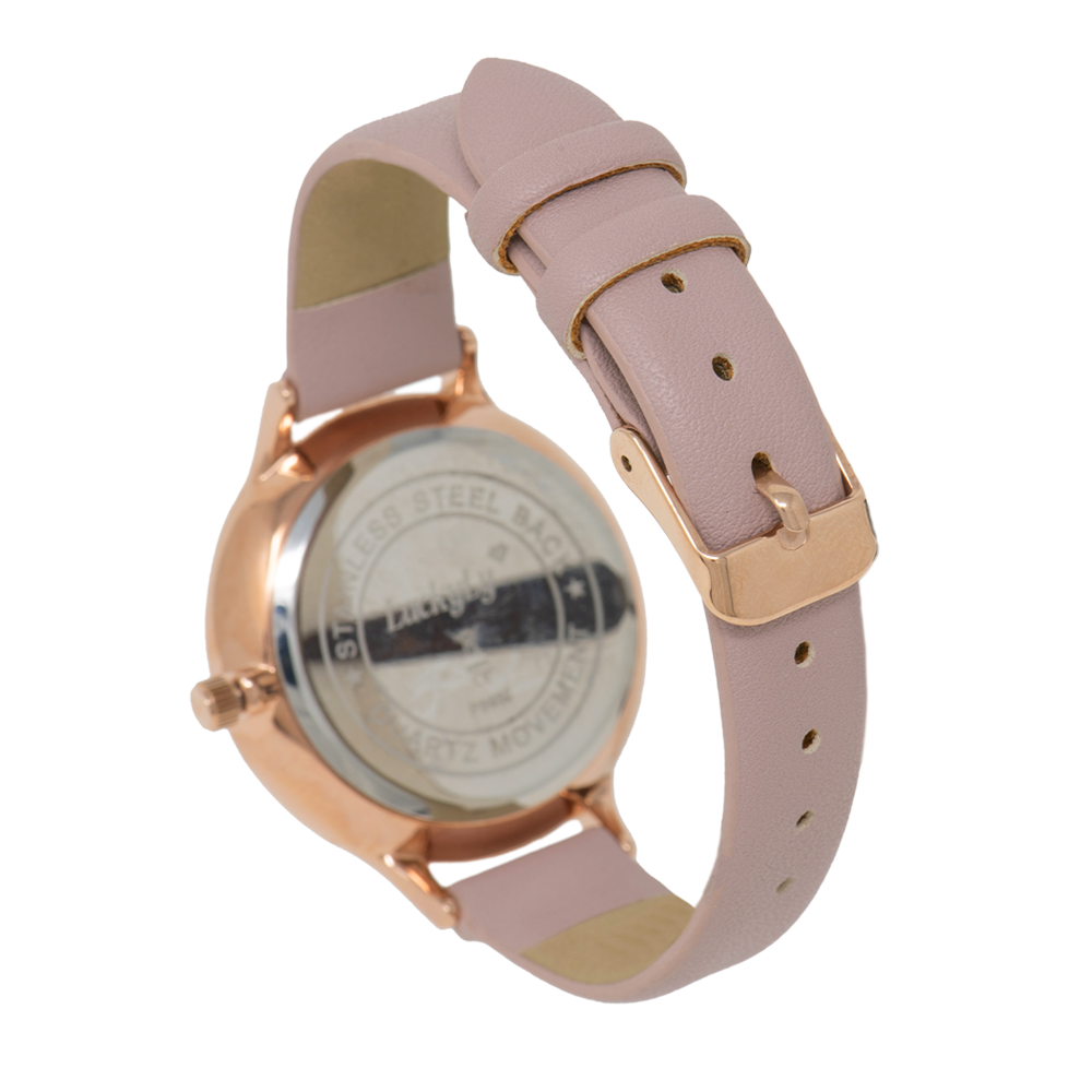 LuckyLy Reloj para Mujer Oro Rosa y Rosa con Zirconias , Movimiento Cuarzo Japonés, Carátula de Acero Inoxidable, Correa de Piel Vegana -Modelo Minka