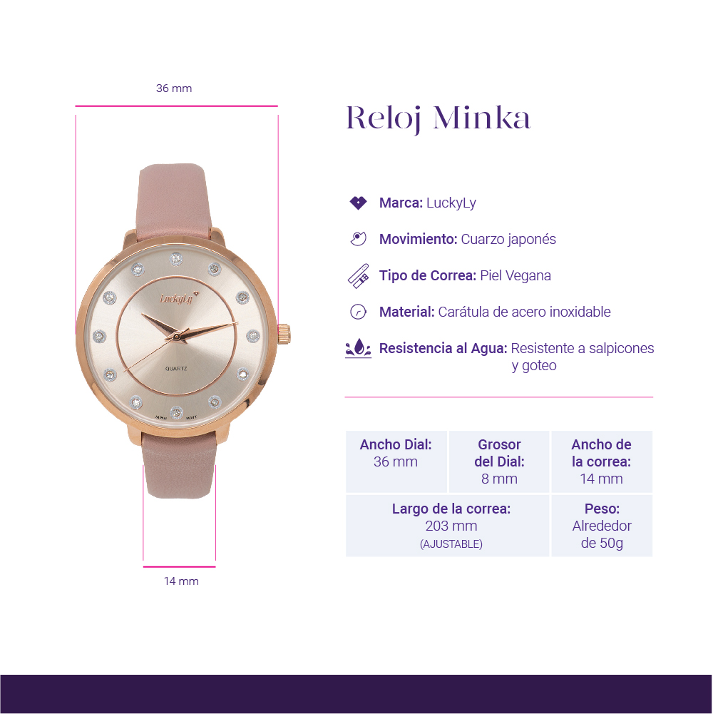 LuckyLy Reloj para Mujer Oro Rosa y Rosa con Zirconias , Movimiento Cuarzo Japonés, Carátula de Acero Inoxidable, Correa de Piel Vegana -Modelo Minka
