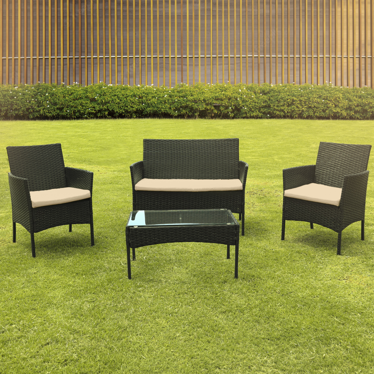Juego De Sala Para Jardin De Mimbre Negro Cojines Beige