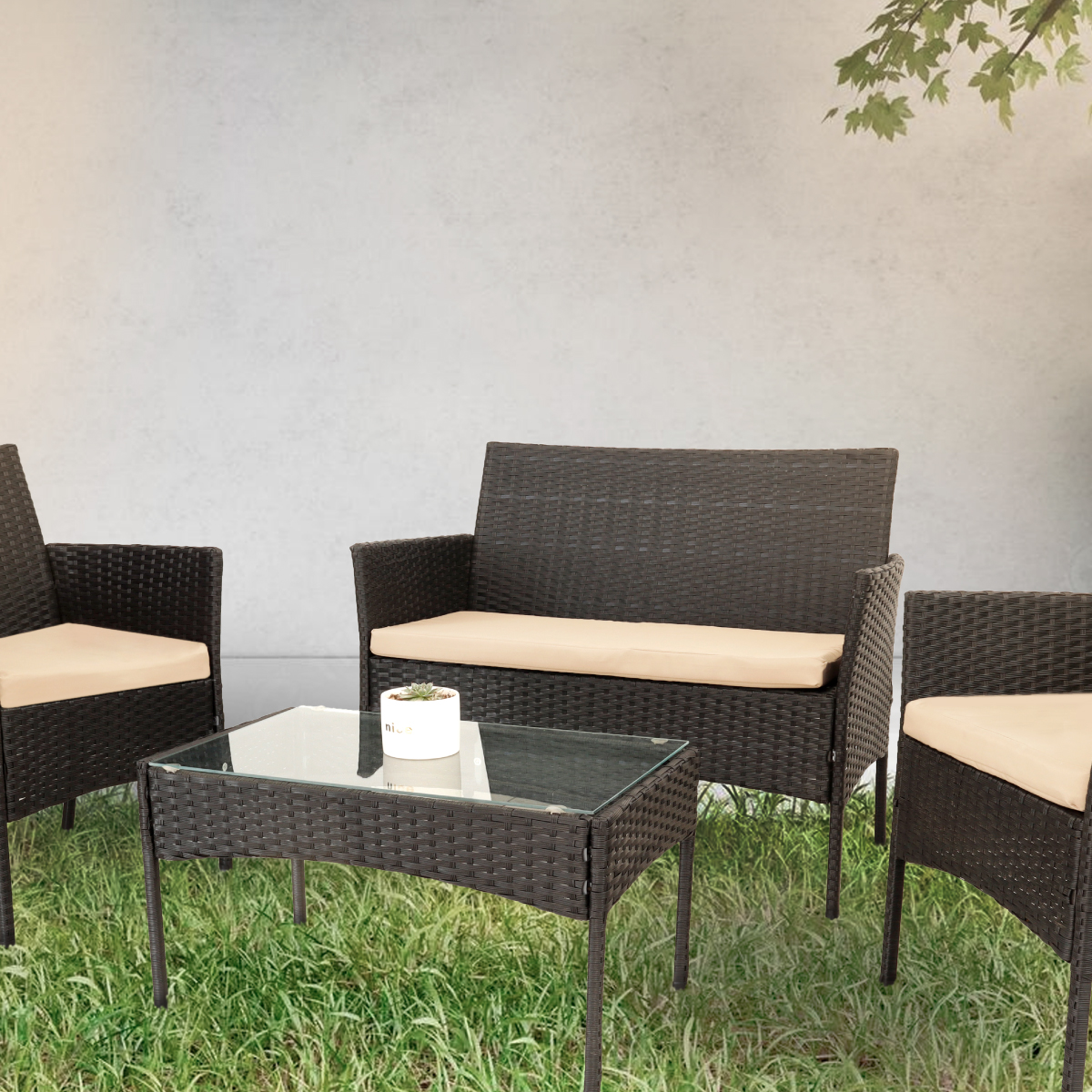 Juego De Sala Para Jardin De Mimbre Negro Cojines Beige