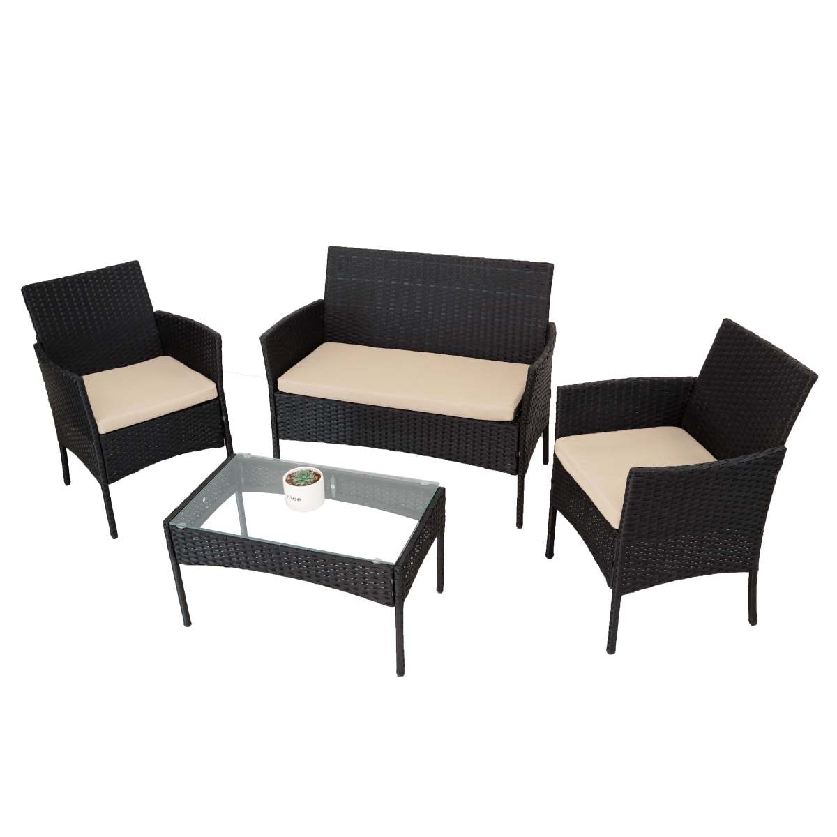 Juego De Sala Para Jardin De Mimbre Negro Cojines Beige