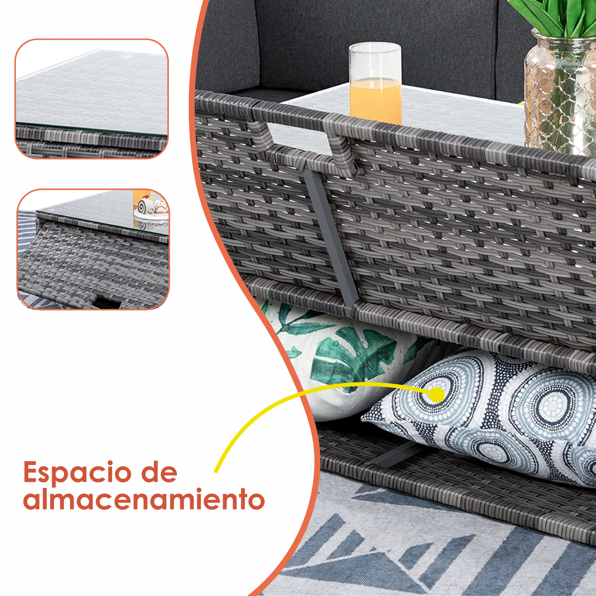 Sala Para Jardin Esquinera Gris con Cojines Rojos