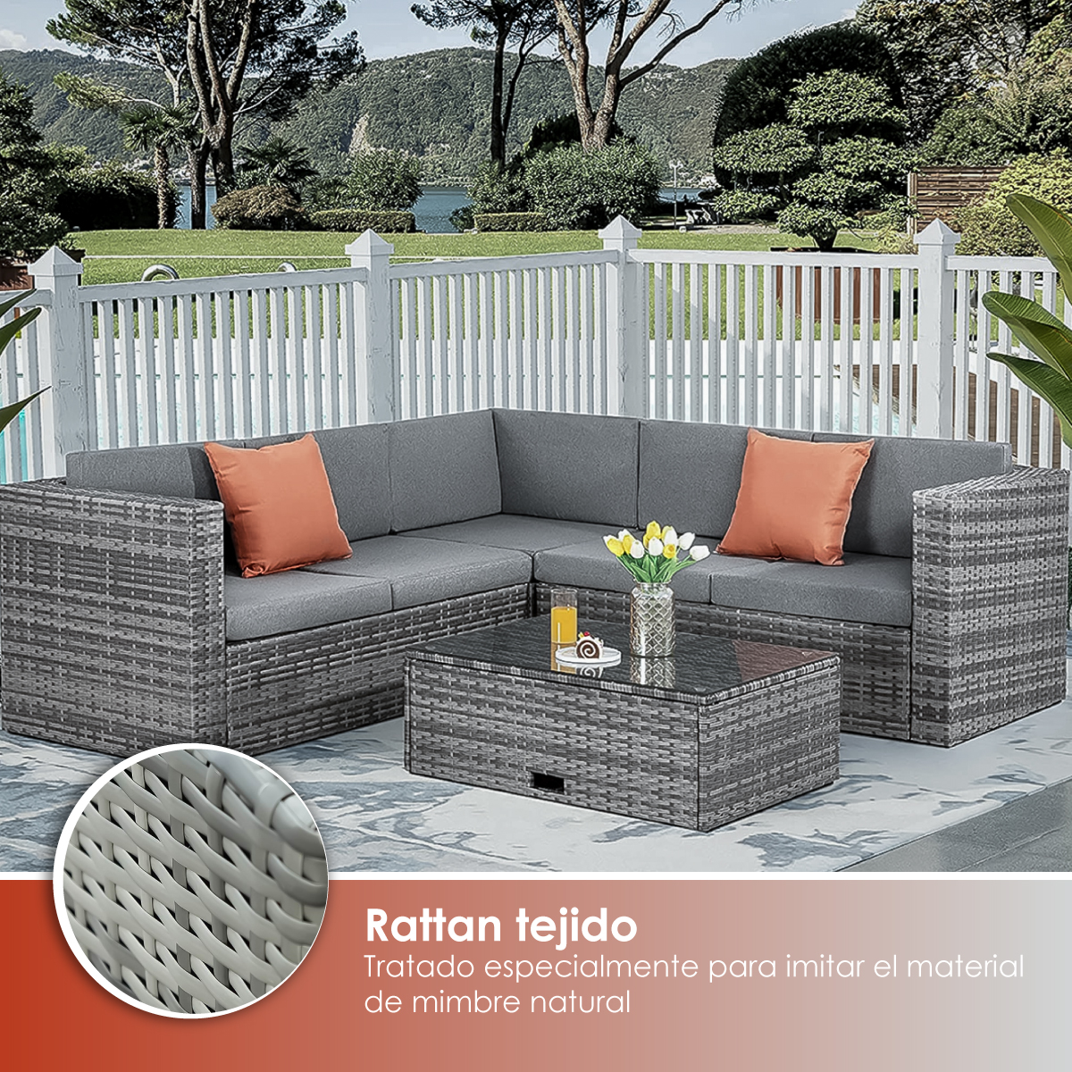 Sala Para Jardin Esquinera Gris con Cojines Rojos