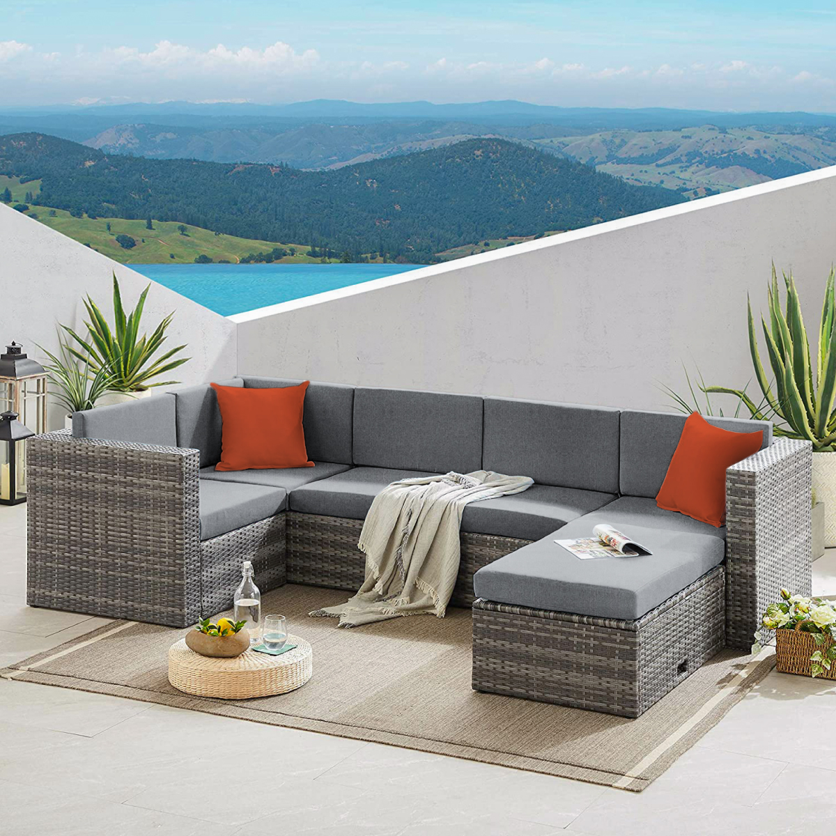 Sala Para Jardin Esquinera Gris con Cojines Rojos