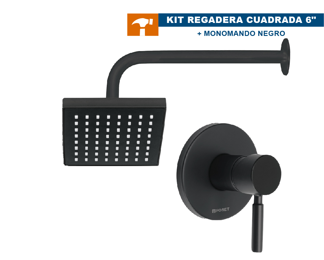 KIT REGADERA CUADRADA (15 CM) + MONOMANDO NEGRO MATE, FOSET, KML469