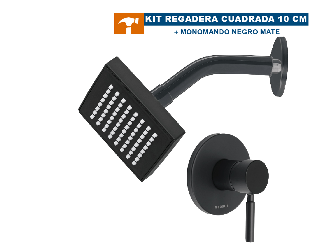 KIT REGADERA CUADRADA (10 CM) + MONOMANDO NEGRO MATE, FOSET, KML470