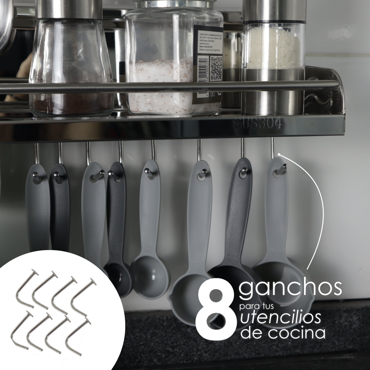 Estante de cocina con 2 vasos y 8 ganchos