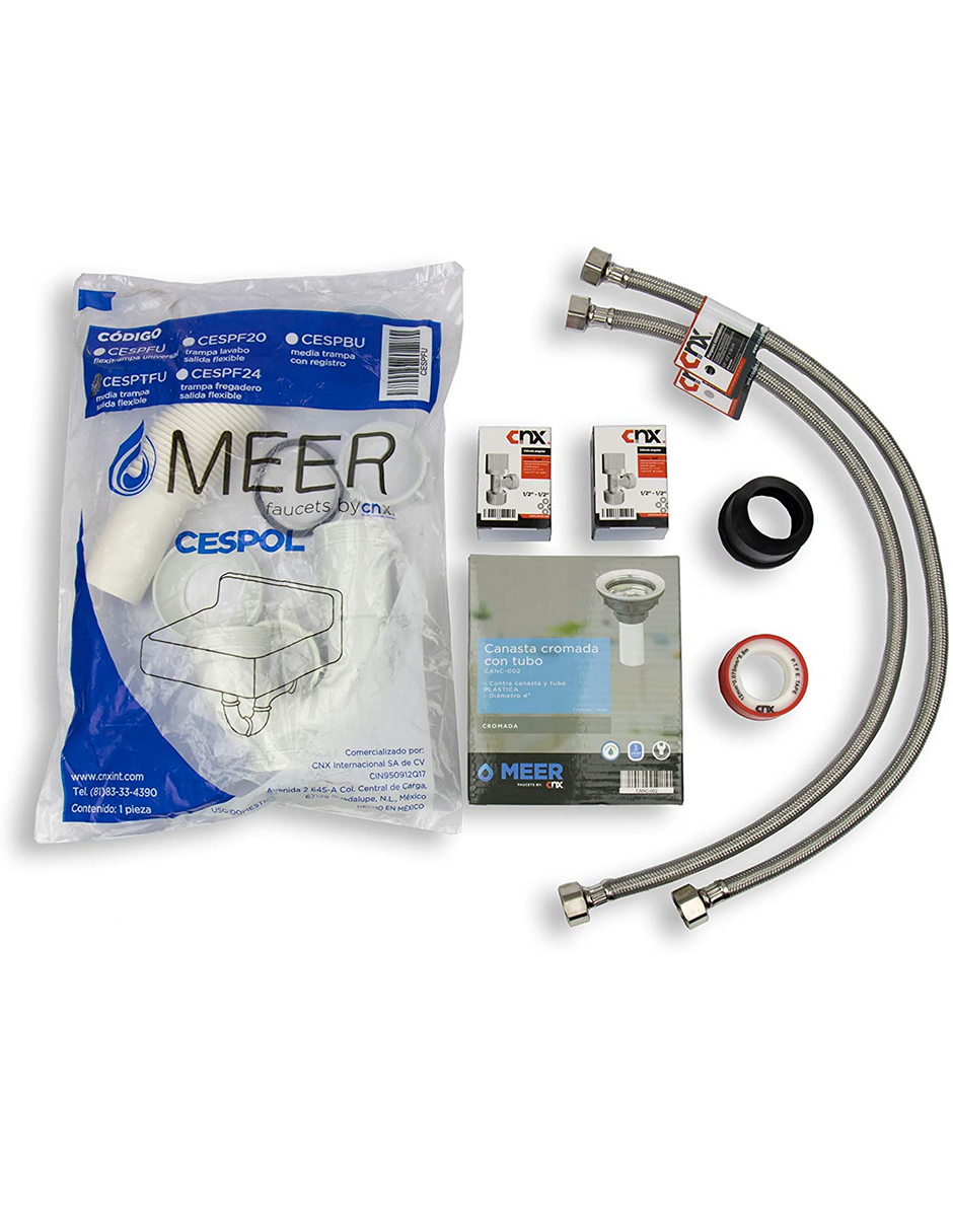 MEER Faucets by CNX | Fregadero de Cocina con Escurridero (100 x 50 x 15 cm) de Acero Inoxidable, Mezcladora Flexible con Dos Tipos de Chorro y Accesorios de Instalación