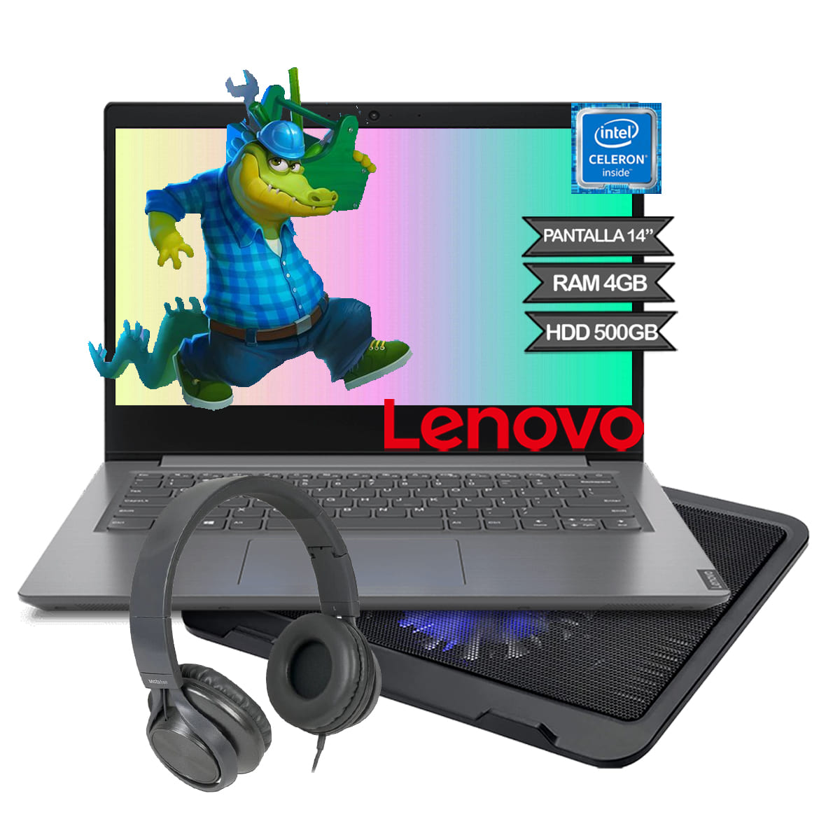 Laptop Lenovo V14-IGL Procesador Intel Celeron N4020 Ram 4GB Disco Duro 500GB Pantalla 14 Pulgadas Windows 10- Gris + Base Enfriadora + Audifono