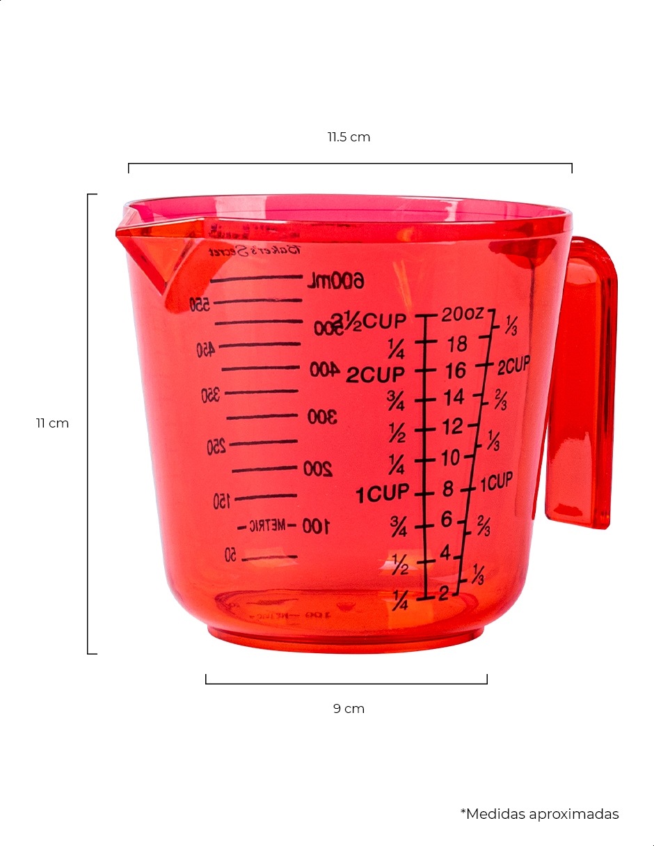 Taza medidora color rojo Kennedy, capacidad de 600 mililitros