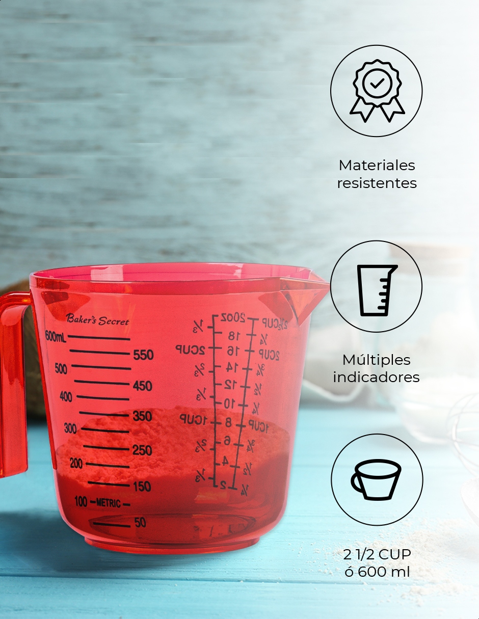 Taza medidora color rojo Kennedy, capacidad de 600 mililitros