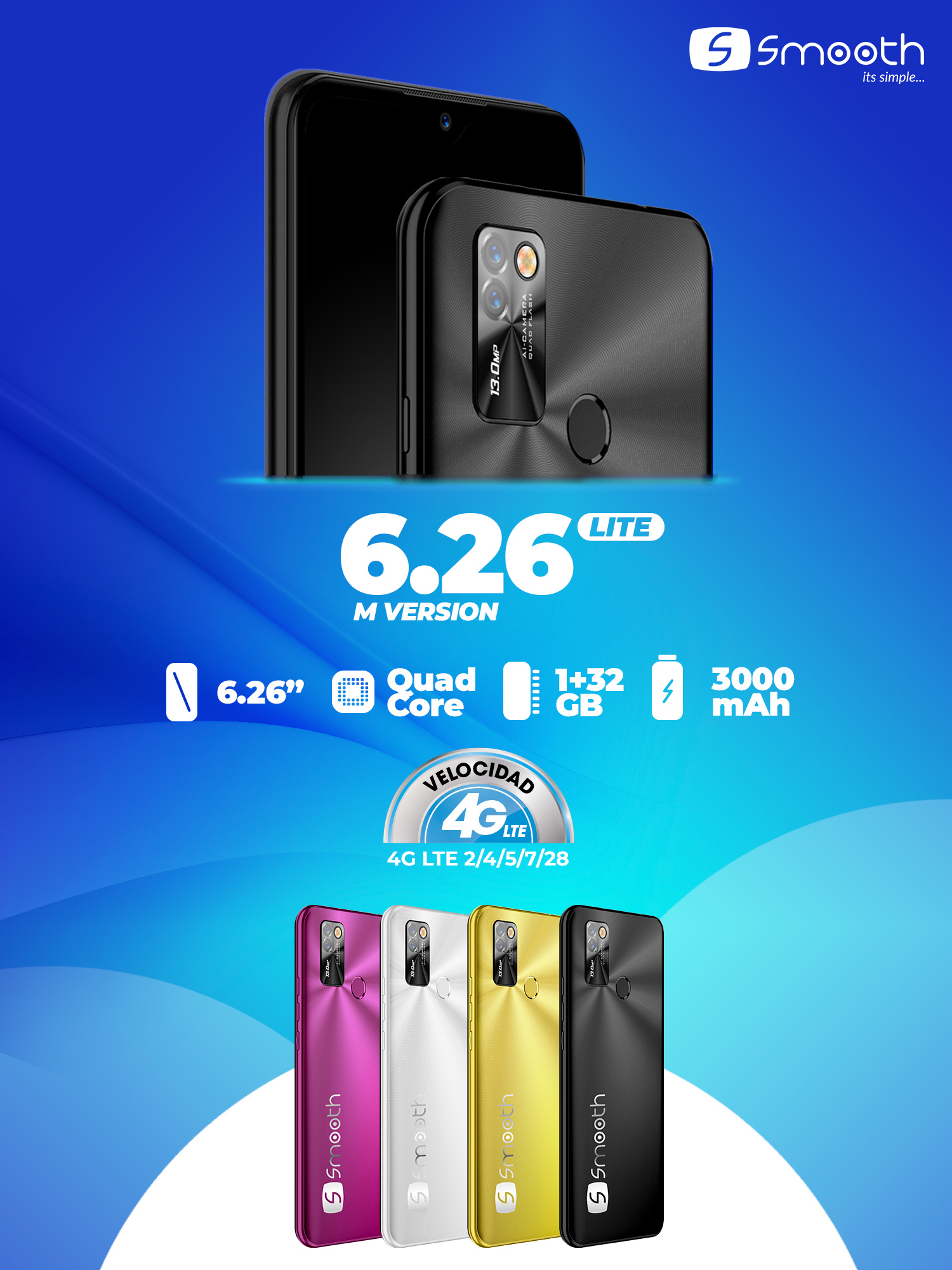 Celular Smooth 6.26 Lite 4G 32GB/1GB- Negro