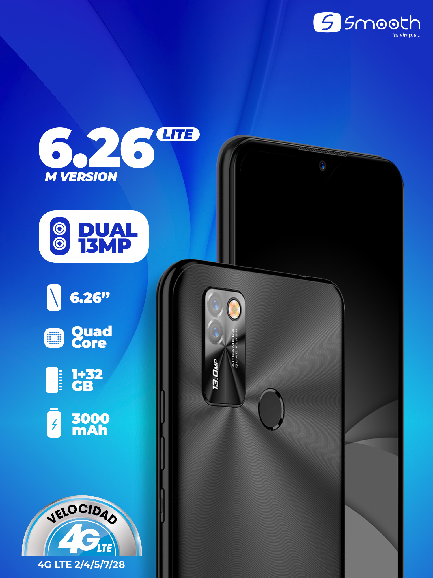 Celular Smooth 6.26 Lite 4G 32GB/1GB- Negro