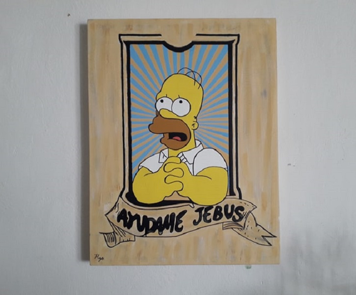 Cuadro decorativo pintado a mano Galería Oneris HOMERO SIMPSON AYUDAME JEBUS 100x80