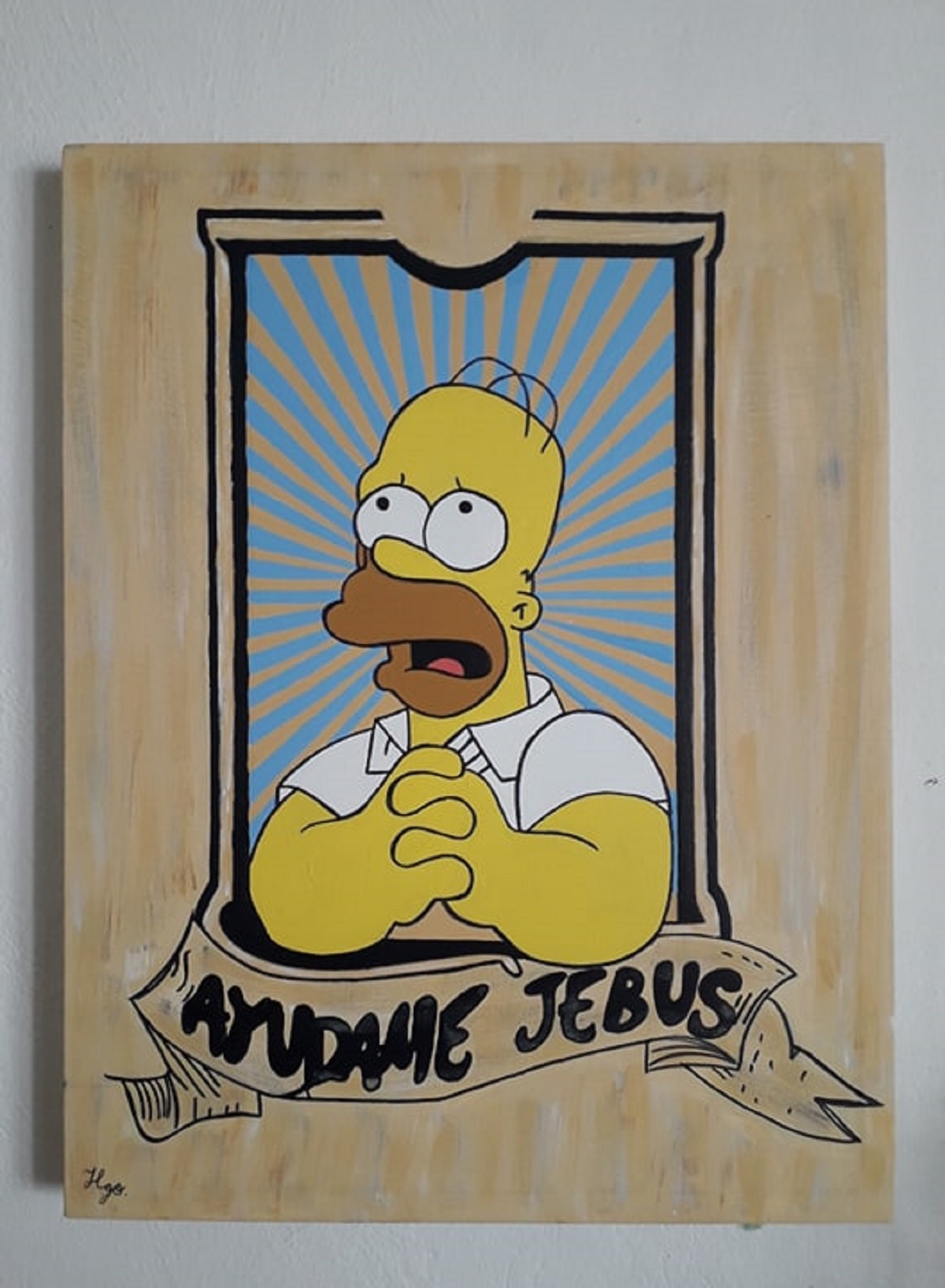 Cuadro decorativo pintado a mano Galería Oneris HOMERO SIMPSON AYUDAME JEBUS 100x80