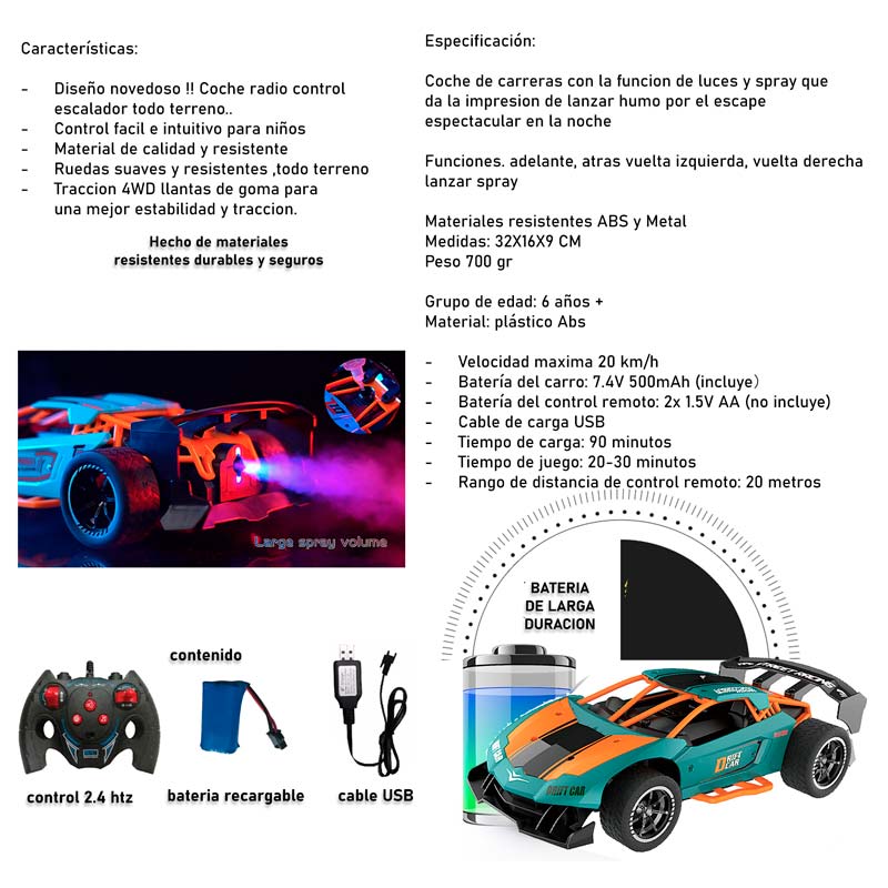 Carro A Control Remoto - Bateria Recargable Musica Y Humo