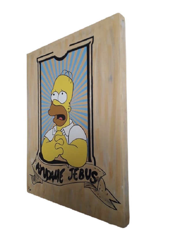 Cuadro decorativo pintado a mano Galería Oneris HOMERO SIMPSON AYUDAME JEBUS 100x80