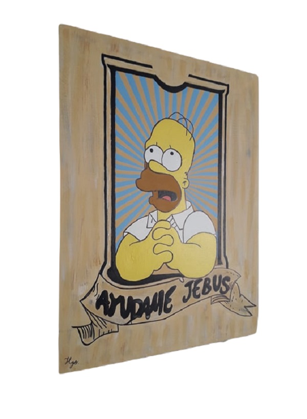 Cuadro decorativo pintado a mano Galería Oneris HOMERO SIMPSON AYUDAME JEBUS 100x80