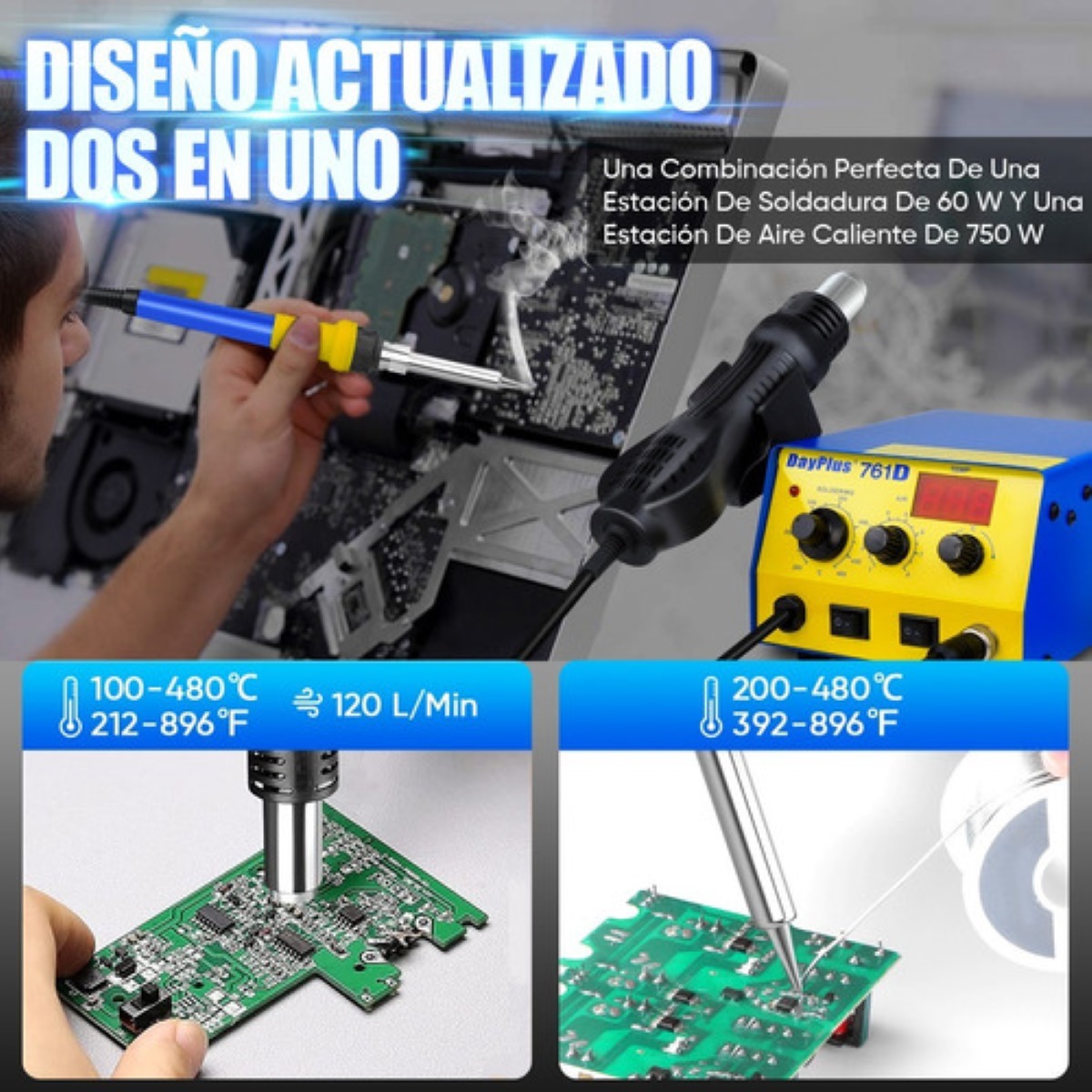 Estación De Soldar 750w Pistola De Calor Y Cautín 2 En 1