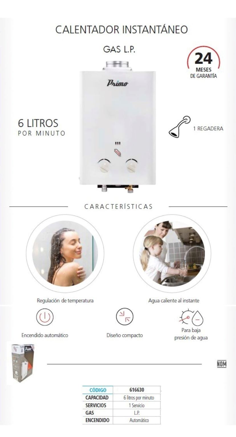 Calentador IUSA instantaneo Primo 6 litros gas LP 1 servicio