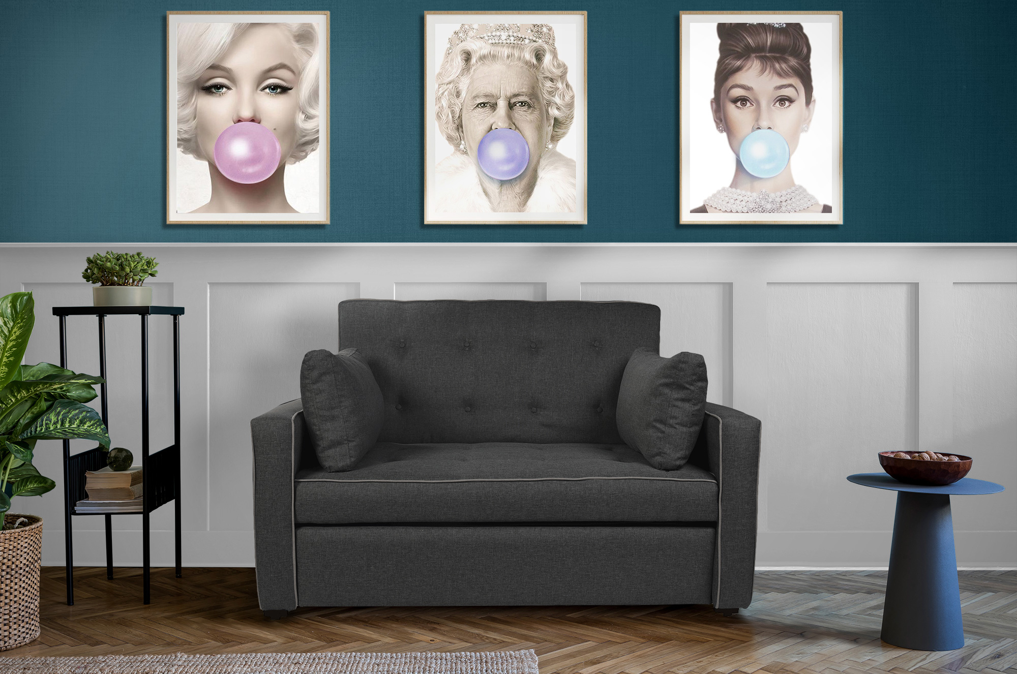 Bianca Sofá Cama Love Seat Makora Gris Oxford convertible en cama con mecanismo. El envío cubre un 80% del Territorio Nacional