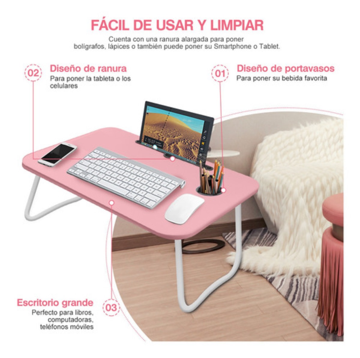 Mesa Plegable Portátil Notebook Multifuncional Cama Rosa