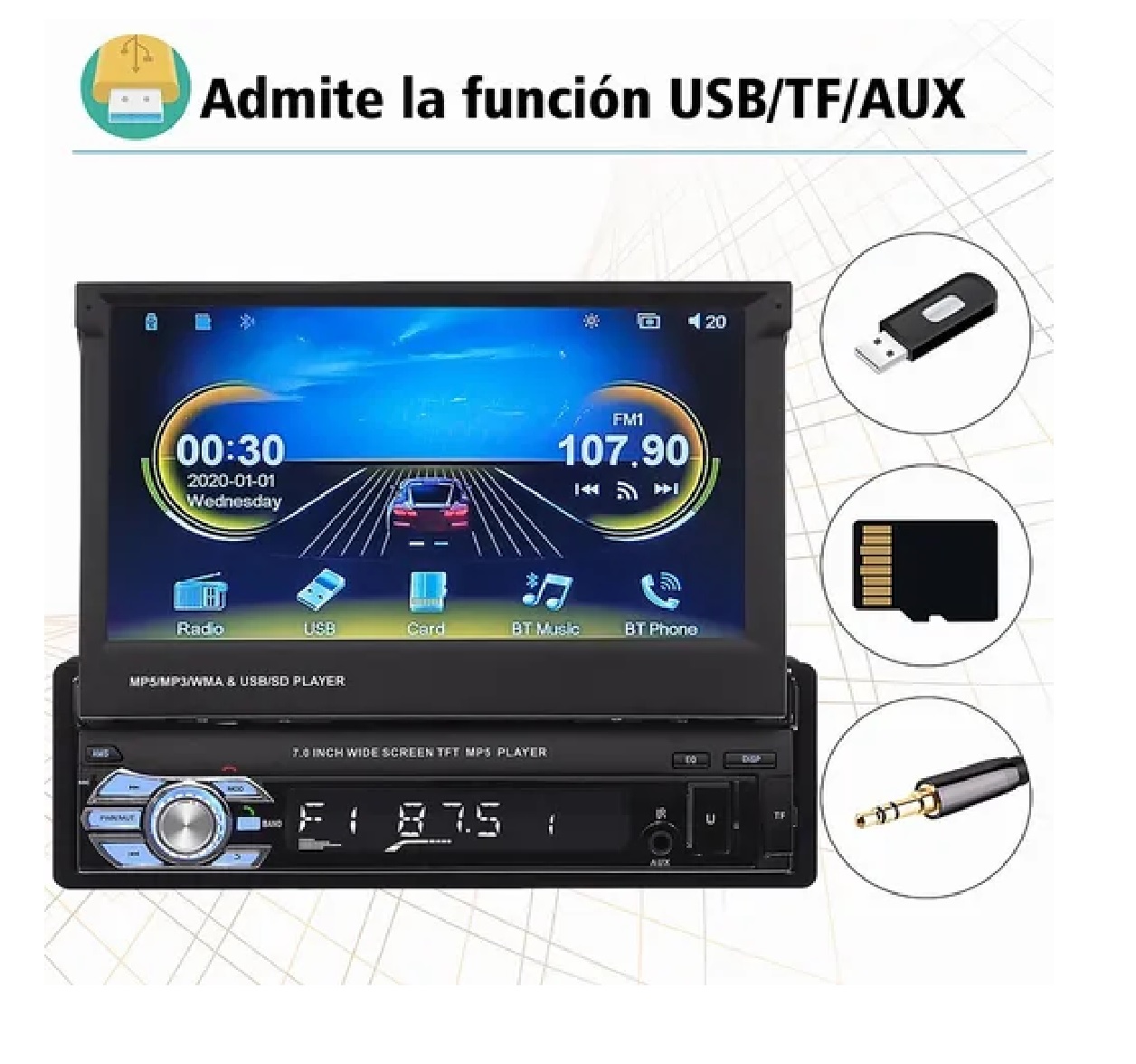 Autoestéreo Pantalla 1din Retráctil Hd Estéreo 7 In