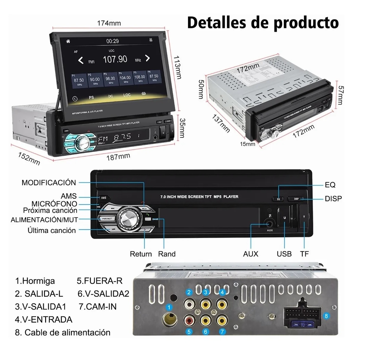 Autoestéreo Pantalla 1din Retráctil Hd Estéreo 7 In