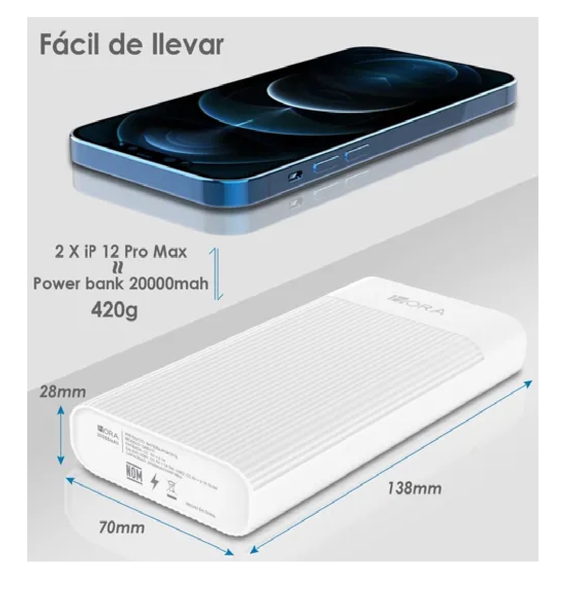 Power Bank Batería Portátil 20000mah 2.1a Carga Rápida 1hora Blanco