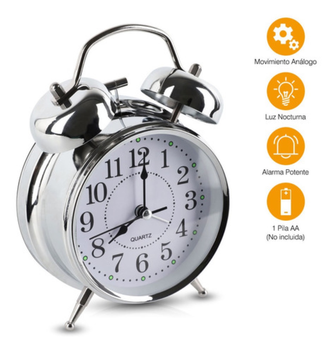 Reloj Despertador Analogico Estilo Vintaje Plateado