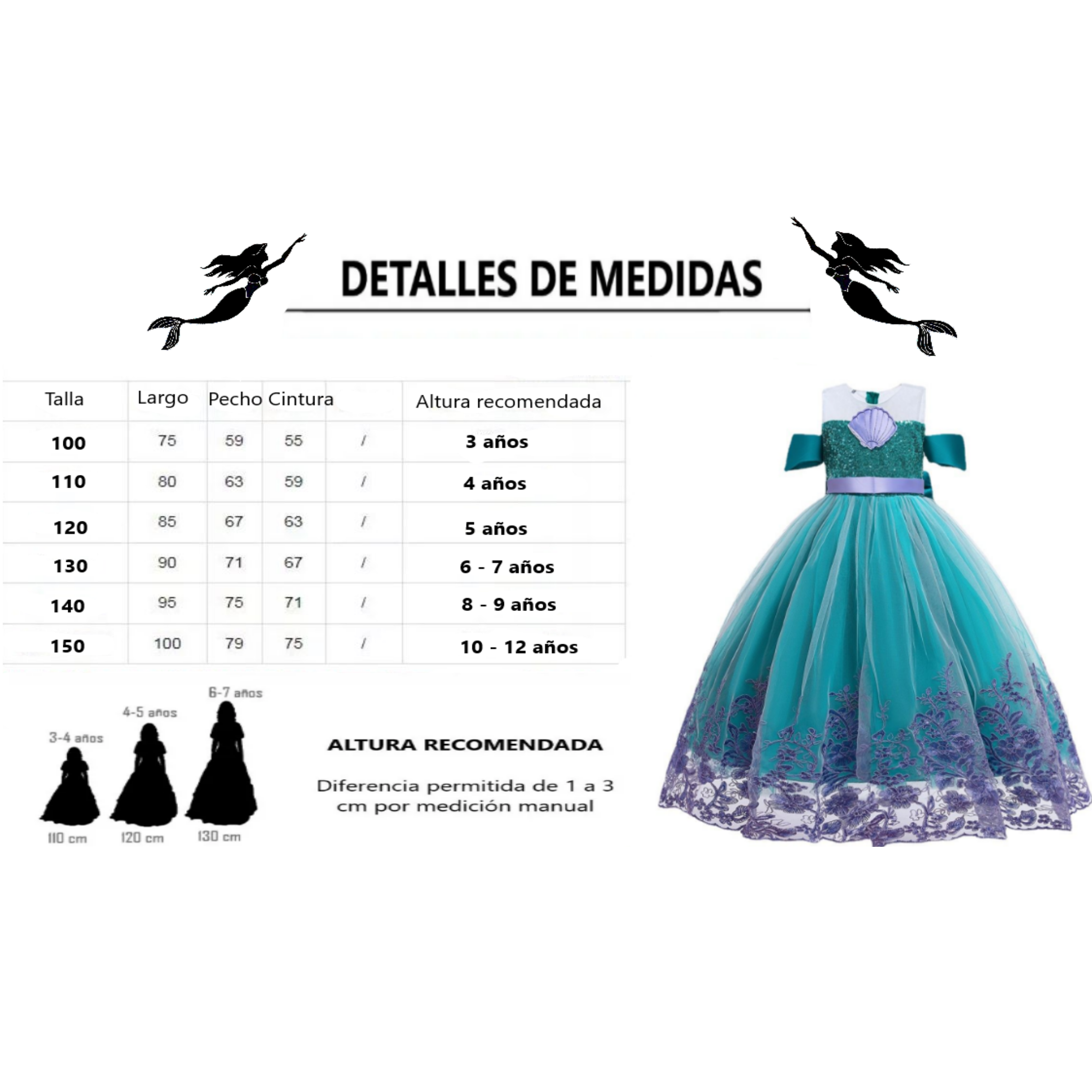 Vestidos para Niña Princesa Ariel Disfraz de Sirena Con Diadema