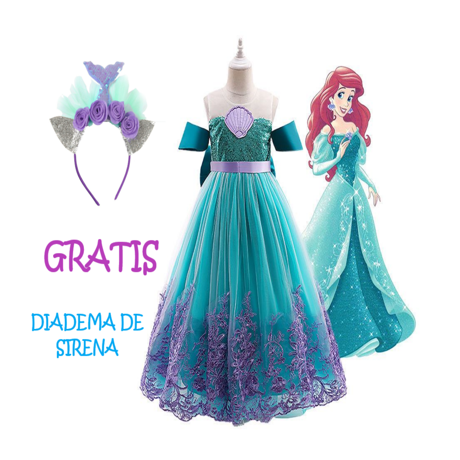 Vestidos para Niña Princesa Ariel Disfraz de Sirena Con Diadema