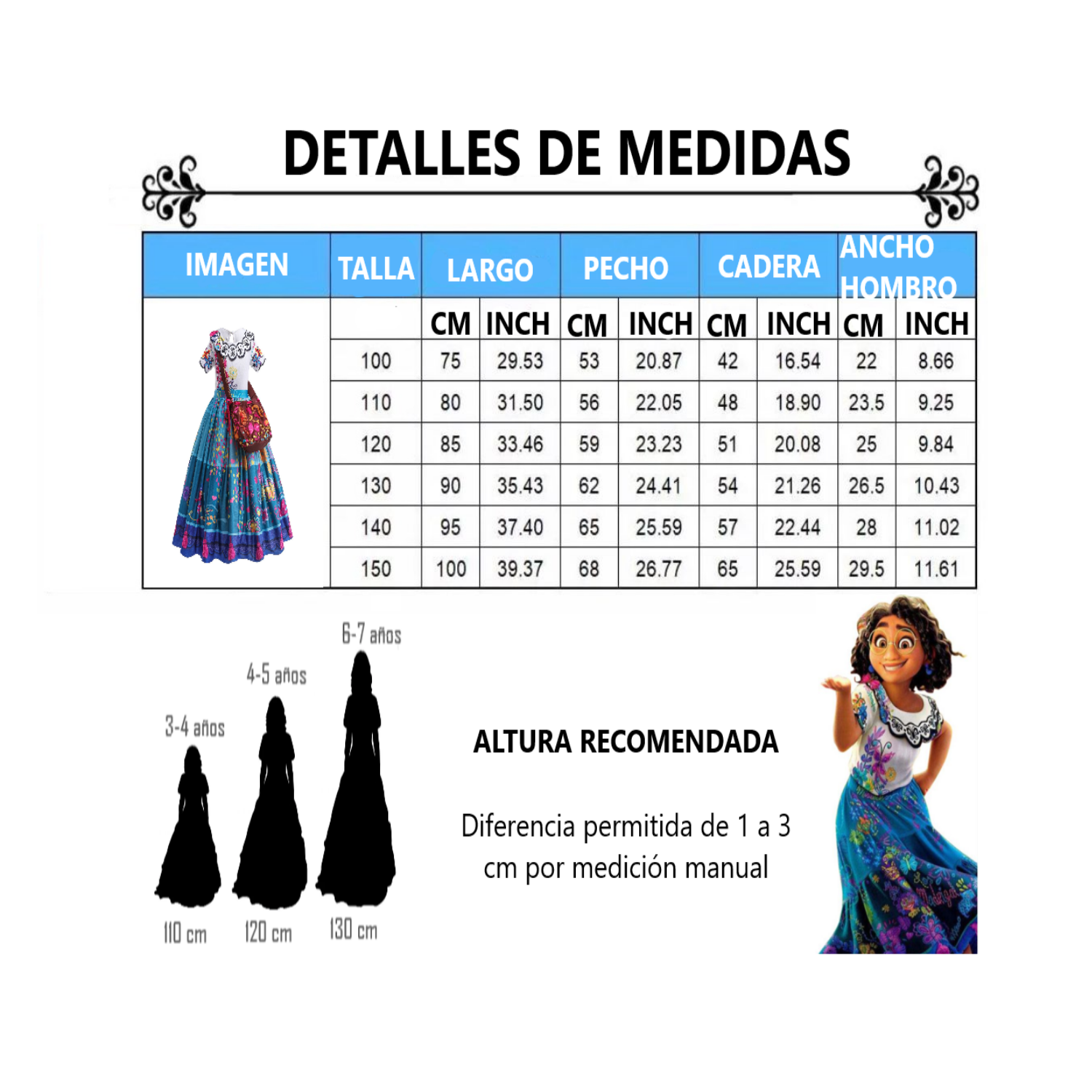 Disfraz de Mirabel Madrigal ENCANTO Vestido De Fiesta con bolsa 