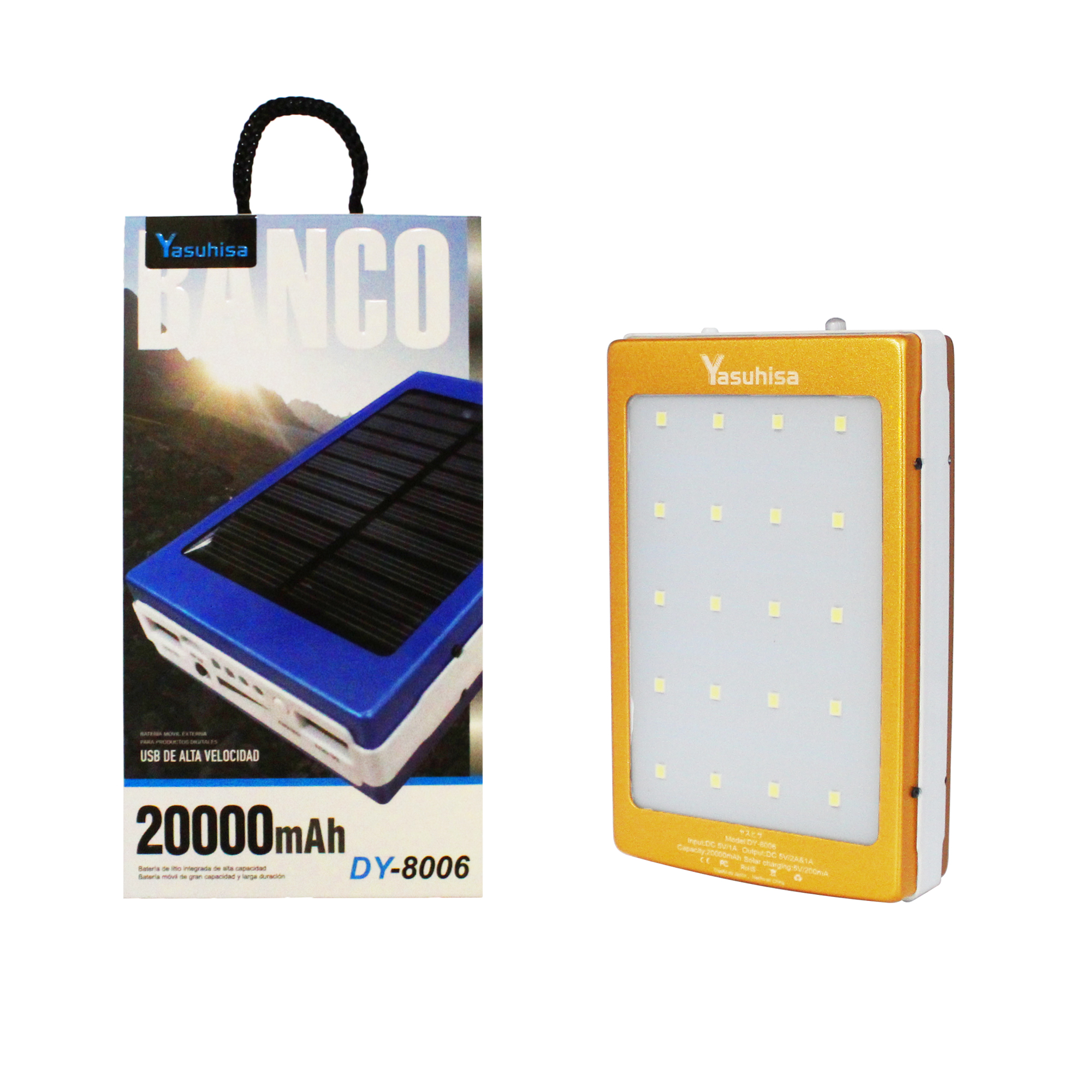 Batería Powerbank 20,000 Mah Cargador Recargable Solar con Lámpara LED DORADO