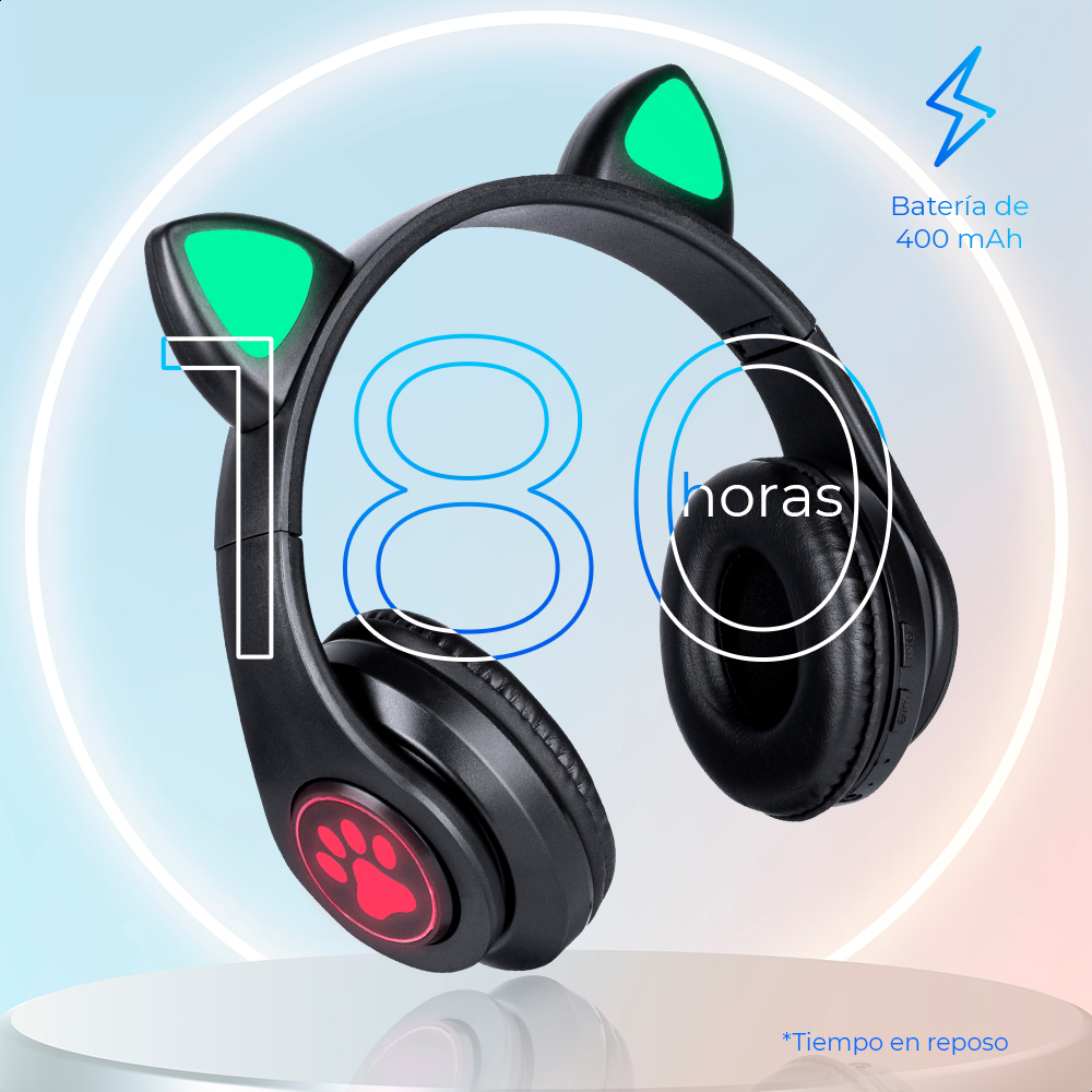 Audífonos Negro Bluetooth V5.0 Orejas De Gato Sonido Estéreo Con Luz RGB Diseño Kawaii Ajuste De Cabeza Fácil Guardado