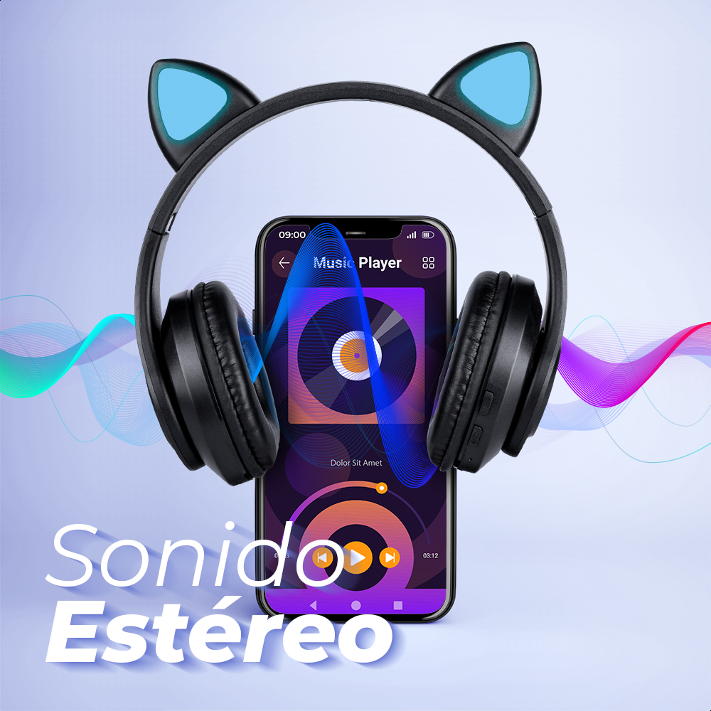 Audífonos Negro Bluetooth V5.0 Orejas De Gato Sonido Estéreo Con Luz RGB Diseño Kawaii Ajuste De Cabeza Fácil Guardado
