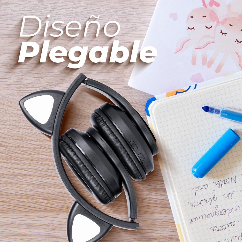 Audífonos Negro Bluetooth V5.0 Orejas De Gato Sonido Estéreo Con Luz RGB Diseño Kawaii Ajuste De Cabeza Fácil Guardado