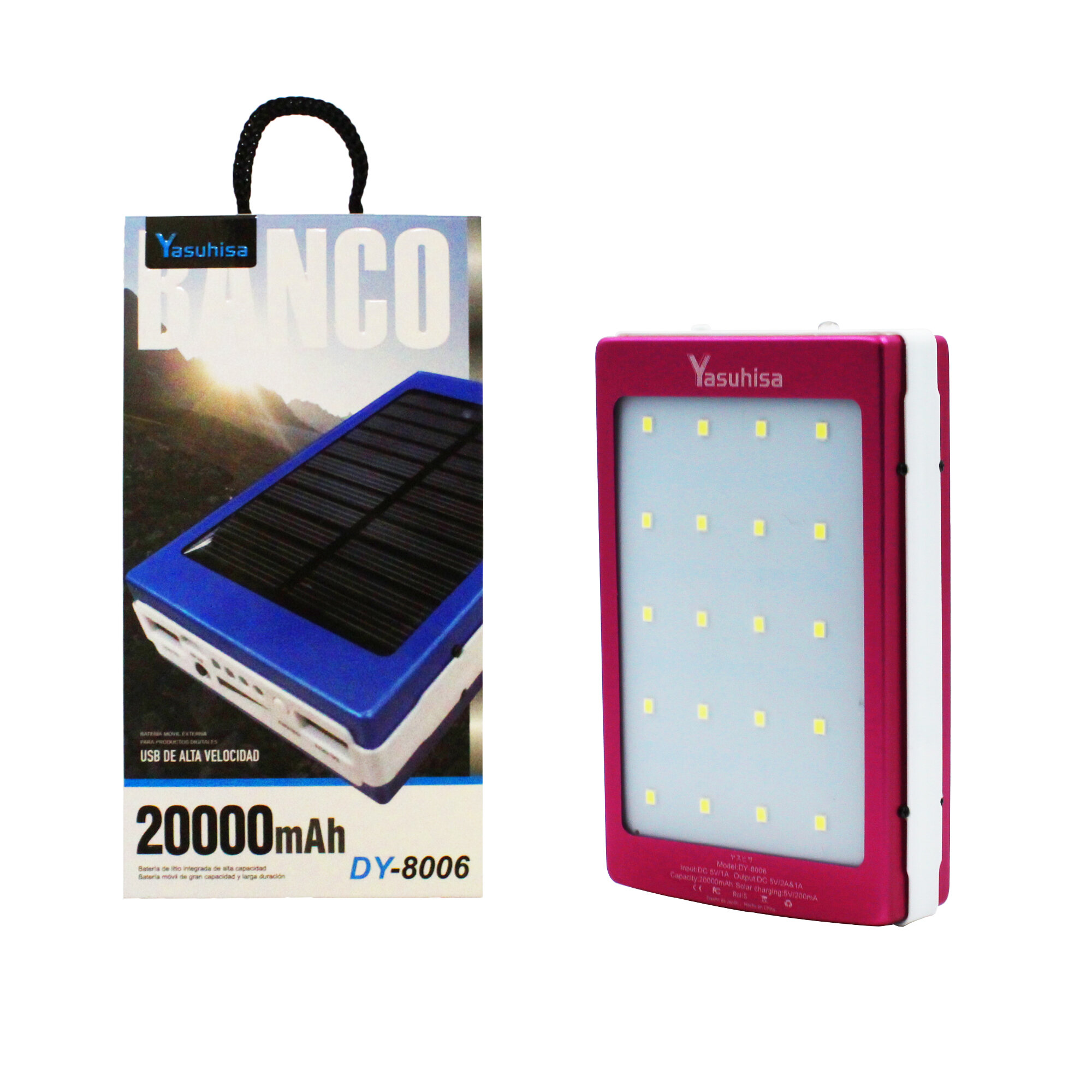 Batería Powerbank 20,000 Mah Cargador Recargable Solar con Lámpara LED ROSA