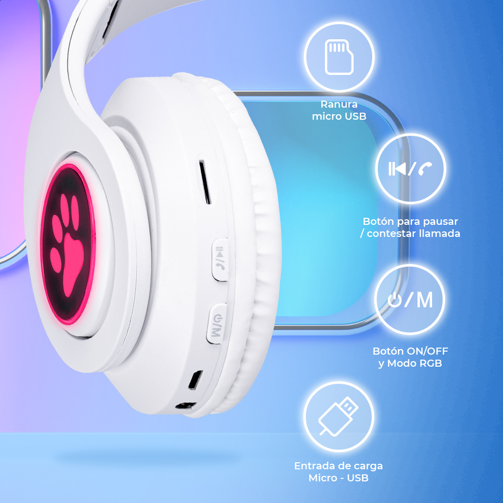 Audífonos Blancos Bluetooth V5.0 Orejas De Gato Sonido Estéreo Con Luz RGB Diseño Kawaii Ajuste De Cabeza Fácil Guardado