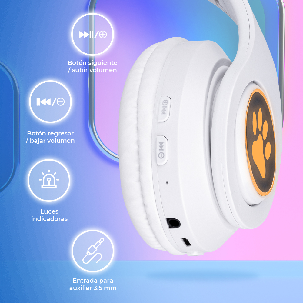 Audífonos Blancos Bluetooth V5.0 Orejas De Gato Sonido Estéreo Con Luz RGB Diseño Kawaii Ajuste De Cabeza Fácil Guardado