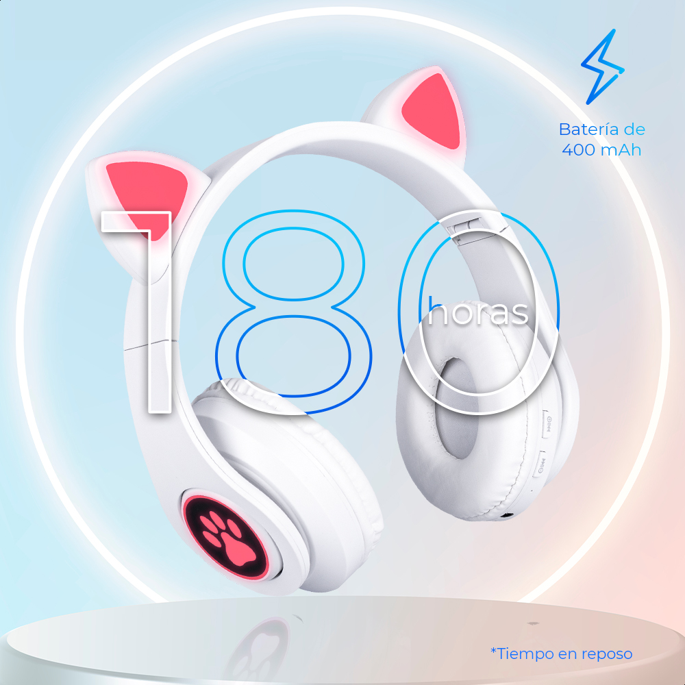 Audífonos Blancos Bluetooth V5.0 Orejas De Gato Sonido Estéreo Con Luz RGB Diseño Kawaii Ajuste De Cabeza Fácil Guardado