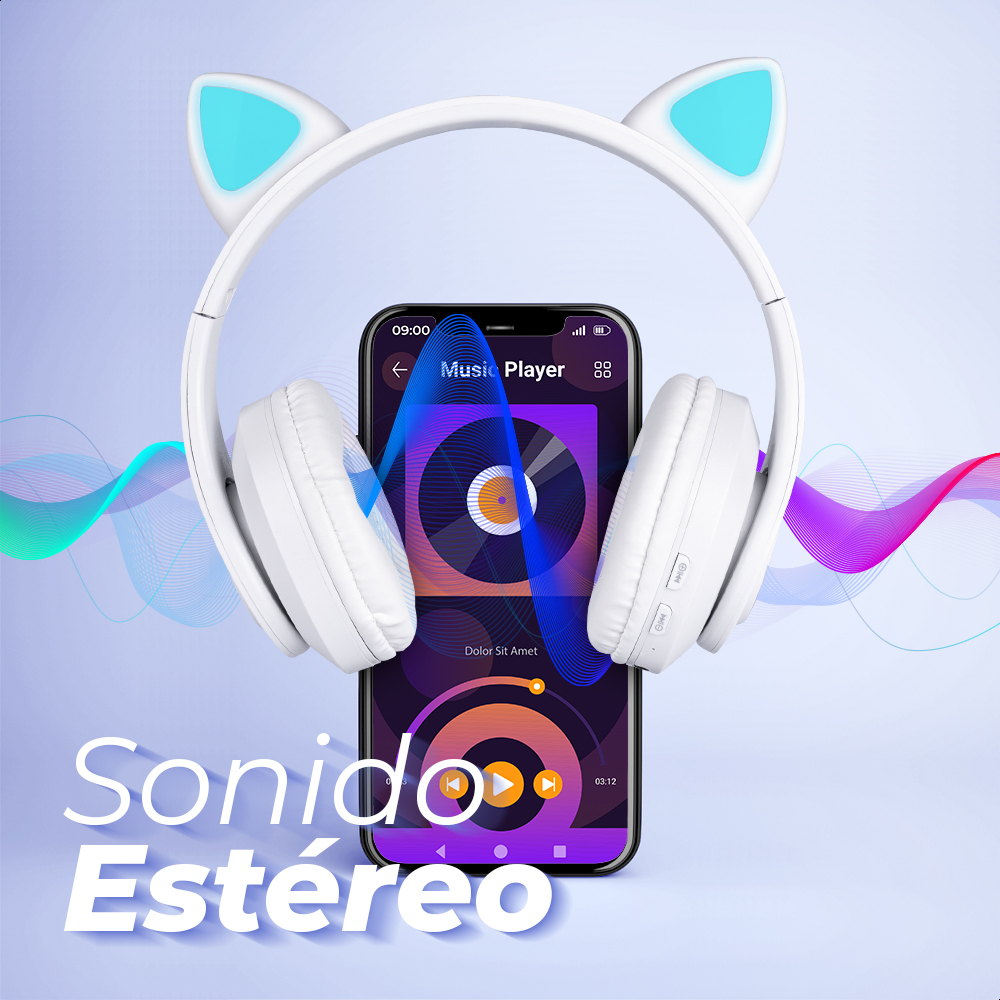 Audífonos Blancos Bluetooth V5.0 Orejas De Gato Sonido Estéreo Con Luz RGB Diseño Kawaii Ajuste De Cabeza Fácil Guardado