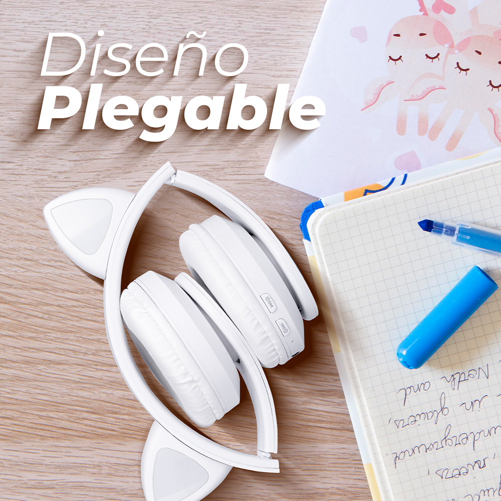 Audífonos Blancos Bluetooth V5.0 Orejas De Gato Sonido Estéreo Con Luz RGB Diseño Kawaii Ajuste De Cabeza Fácil Guardado