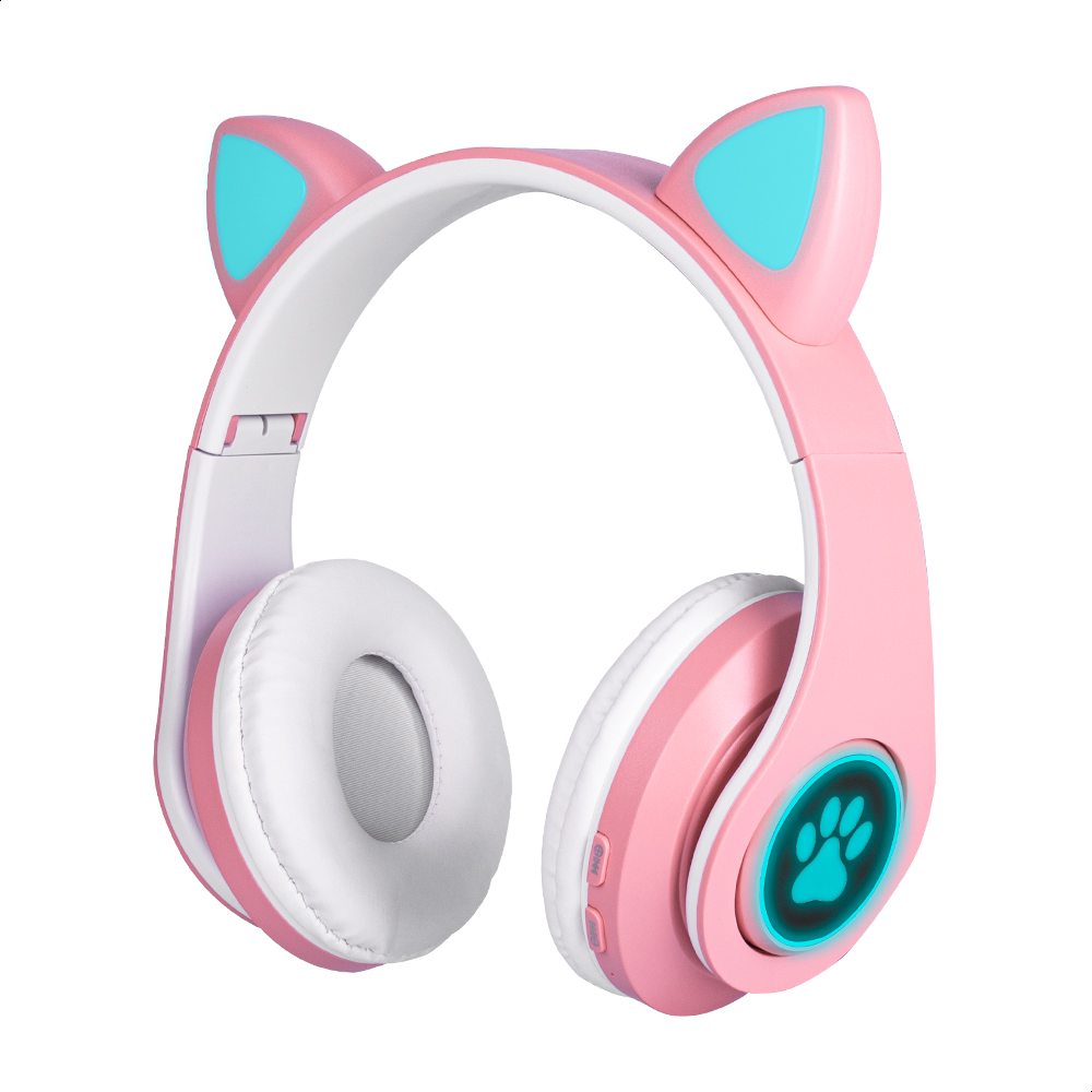 Audífonos Rosas Bluetooth V5.0 Orejas De Gato Sonido Estéreo Con Luz RGB Diseño Kawaii Ajuste De Cabeza Fácil Guardado