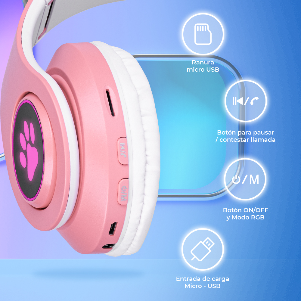 Audífonos Rosas Bluetooth V5.0 Orejas De Gato Sonido Estéreo Con Luz RGB Diseño Kawaii Ajuste De Cabeza Fácil Guardado